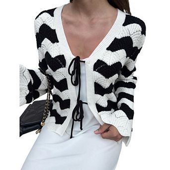 Womens Front Tie Long Sleeve Stripe Color Block Wavy Hem V Neck Fashion Casual Cardigan Sweaters