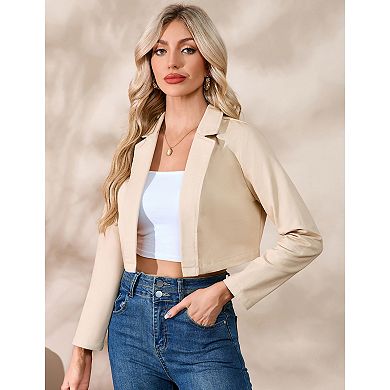 Women's Cropped Blazer Business Casual Open Front Long Sleeve One Button Jacket