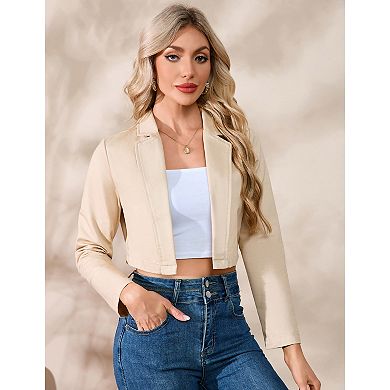 Women's Cropped Blazer Business Casual Open Front Long Sleeve One Button Jacket