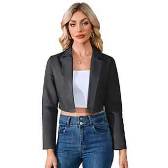 Women's Cropped Blazer Business Casual Open Front Long Sleeve One Button Jacket