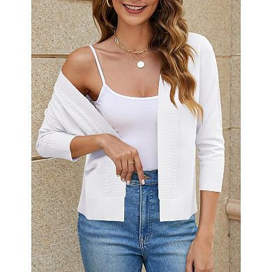 Women's 3/4 Sleeve Cropped Cardigans Solid Open Front Short Shrugs Sweaters