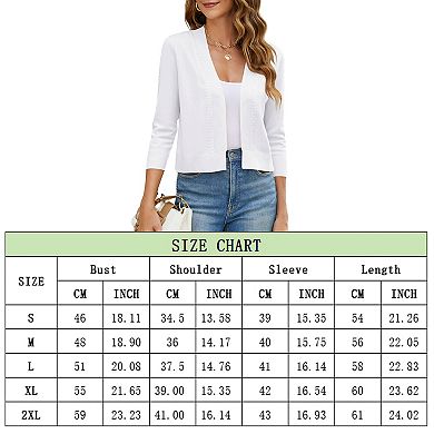Women's 3/4 Sleeve Cropped Cardigans Solid Open Front Short Shrugs Sweaters