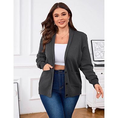 Women's Plus Size Button Down Cardigan Sweaters Long Sleeve Lapel Collar Knit Shrugs with Pocket