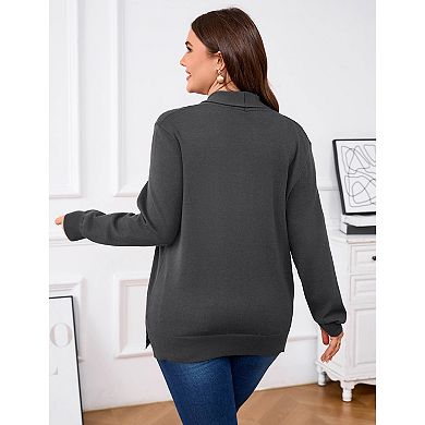 Women's Plus Size Button Down Cardigan Sweaters Long Sleeve Lapel Collar Knit Shrugs with Pocket