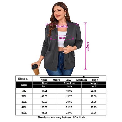 Women's Plus Size Button Down Cardigan Sweaters Long Sleeve Lapel Collar Knit Shrugs with Pocket
