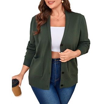 Women's Plus Size Button Down Cardigan Sweaters Long Sleeve Lapel Collar Knit Shrugs with Pocket