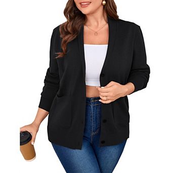 Women's Plus Size Button Down Cardigan Sweaters Long Sleeve Lapel Collar Knit Shrugs with Pocket
