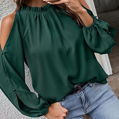 Womens Tops Dressy Casual Cold Shoulder Ruffle Collar Blouses Fall Fashion Shirts for Work