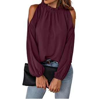 Womens Tops Dressy Casual Cold Shoulder Ruffle Collar Blouses Fall Fashion Shirts for Work