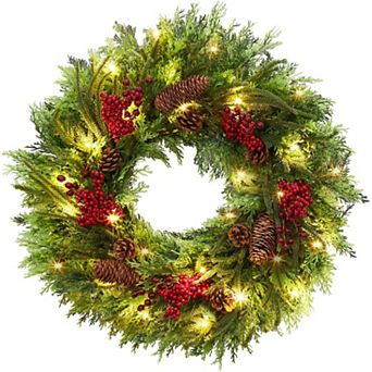 22" Christmas Wreath for Front Door, Artificial Christmas Wreath with Pine Cone and Berries