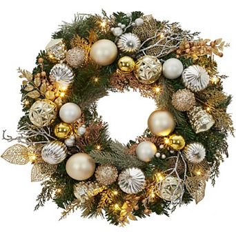 24" Christmas Decoration Christmas Wreath with golden Gold & Silver Ornaments,Berries&Faux Greenery