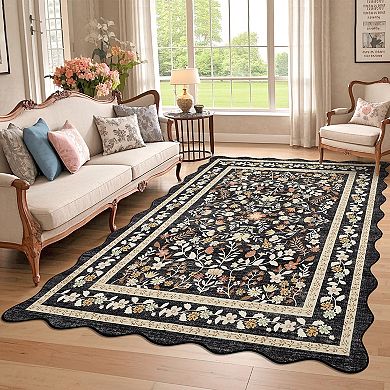 Washable Area Rug Non Slip Low Pile Boho Floral Accent Carpet for Bedroom, Kitchen, Kids Room