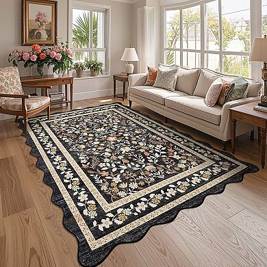 Washable Area Rug Non Slip Low Pile Boho Floral Accent Carpet for Bedroom, Kitchen, Kids Room