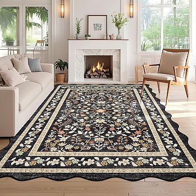Washable Area Rug Non Slip Low Pile Boho Floral Accent Carpet for Bedroom, Kitchen, Kids Room