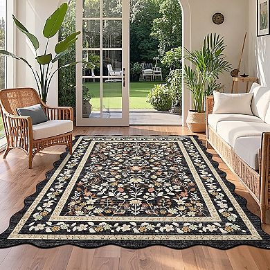 Washable Area Rug Non Slip Low Pile Boho Floral Accent Carpet for Bedroom, Kitchen, Kids Room