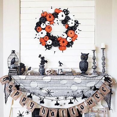 18" Halloween Fall Wreath for Front Door, Black Orange White Artificial Pumpkin Wreath for Halloween