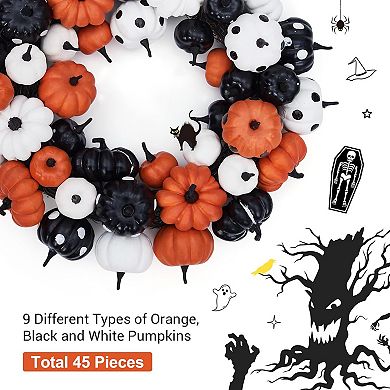 18" Halloween Fall Wreath for Front Door, Black Orange White Artificial Pumpkin Wreath for Halloween