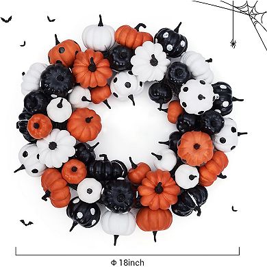 18" Halloween Fall Wreath for Front Door, Black Orange White Artificial Pumpkin Wreath for Halloween