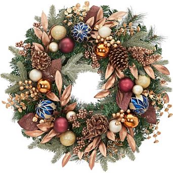 24" Pre-Lit Christmas Wreaths for Front Door, Battery Operated Christmas Wreath Decor,Holiday Wreath