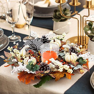 20" Fall Wreaths for Front Door, Fall Decorations for Home Pumpkin Wreath with Bow Leaves Pine Cones