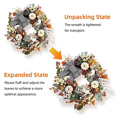 20" Fall Wreaths for Front Door, Fall Decorations for Home Pumpkin Wreath with Bow Leaves Pine Cones