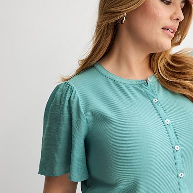 Plus Size Nine West Mixed Media Button Front Top