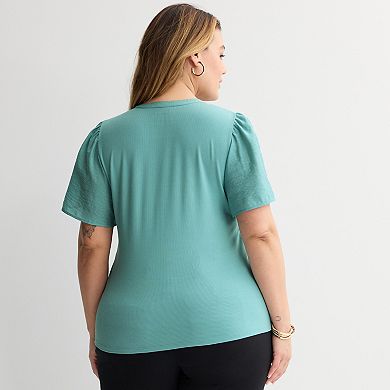 Plus Size Nine West Mixed Media Button Front Top