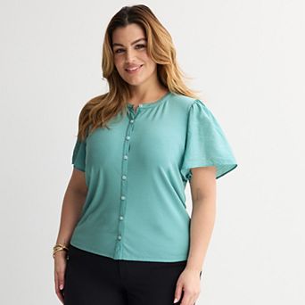 Plus Size Nine West Mixed Media Button Front Top