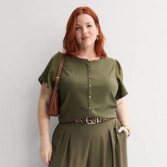 Plus Size Nine West Mixed Media Button Front Top