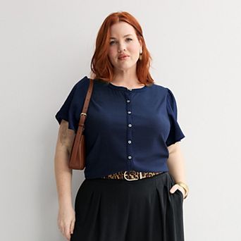 Plus Size Nine West Mixed Media Button Front Top