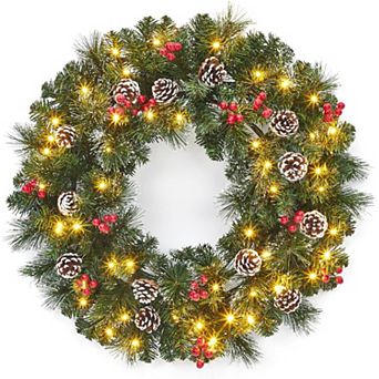 24 Inch Christmas Wreath for Front Door, Prelit Artificial Christmas Wreaths with 50 LED Lights