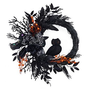 20" Halloween Owl Wreath, Halloween Garland with Natural Vines and Black Artificial Roses for Decor