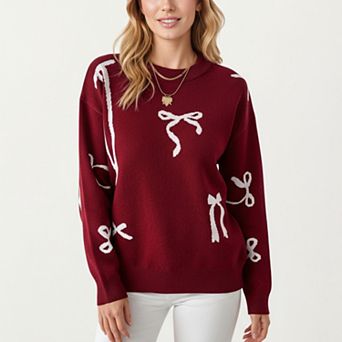Women's Long Sleeve Pullover Sweater with Bow Pattern Design and Ribbed Trim