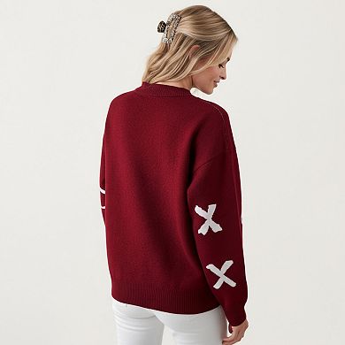 Women's Long Sleeve Pullover Sweater with Bow Pattern Design and Ribbed Trim