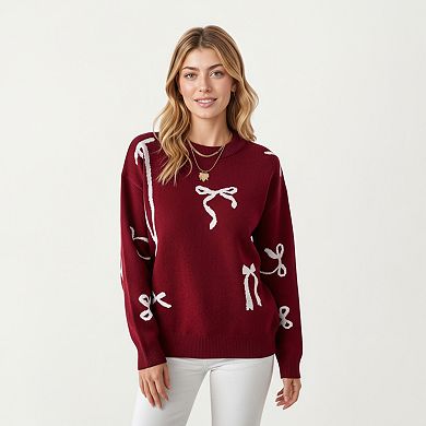 Women's Long Sleeve Pullover Sweater with Bow Pattern Design and Ribbed Trim