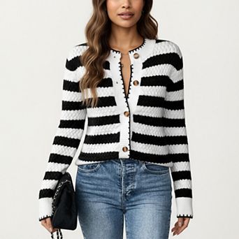 Women's Striped Button-Front Knit Cardigan with Contrast Edging and Long Sleeves