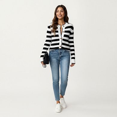 Women's Striped Button-Front Knit Cardigan with Contrast Edging and Long Sleeves