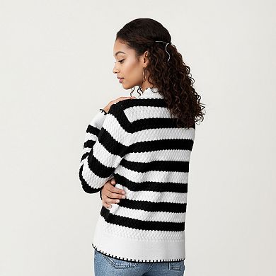 Women's Striped Button-Front Knit Cardigan with Contrast Edging and Long Sleeves