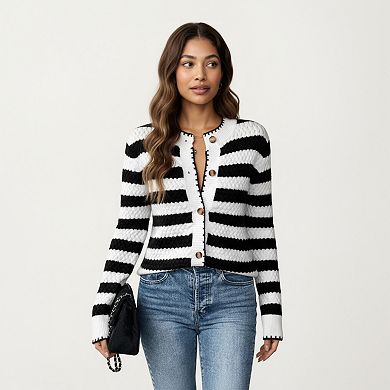 Women's Striped Button-Front Knit Cardigan with Contrast Edging and Long Sleeves