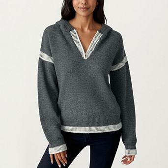 Women's Knit Hoodie Sweater with Contrast Rib Trim and Deep V-Neckline