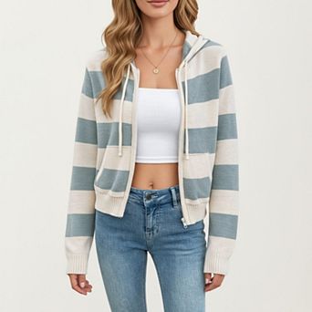 Women's Striped Knit Zip-Up Hoodie with Drawstring and Front Pockets