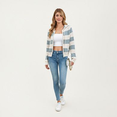 Women's Striped Knit Zip-Up Hoodie with Drawstring and Front Pockets