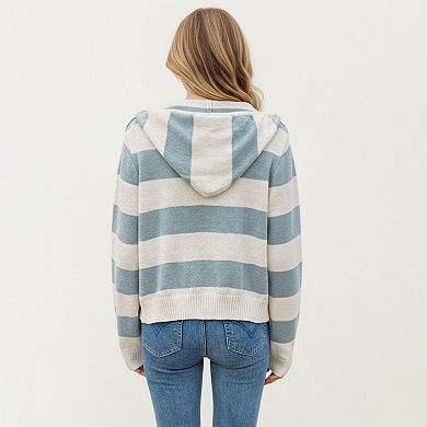 Women's Striped Knit Zip-Up Hoodie with Drawstring and Front Pockets