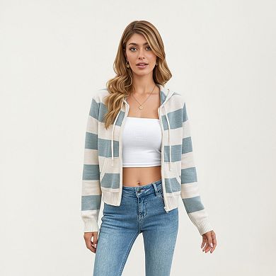 Women's Striped Knit Zip-Up Hoodie with Drawstring and Front Pockets