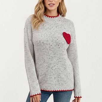 Women's Rib Knit Sweater with Contrast Red Heart Patch and Trim Detailing