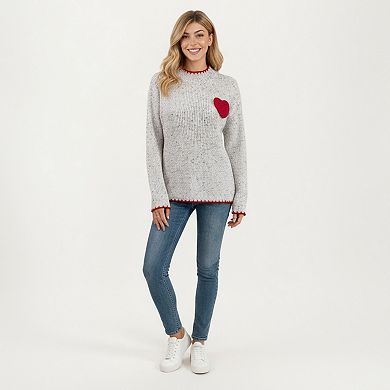 Women's Rib Knit Sweater with Contrast Red Heart Patch and Trim Detailing
