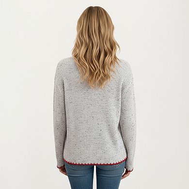 Women's Rib Knit Sweater with Contrast Red Heart Patch and Trim Detailing