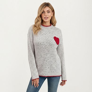 Women's Rib Knit Sweater with Contrast Red Heart Patch and Trim Detailing