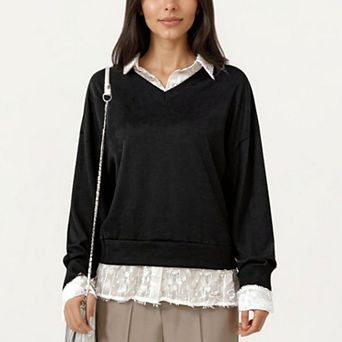 Women's Layered V-Neck Pullover Top with Sheer Lace Trim and Collared Blouse Detail