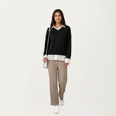 Women's Layered V-Neck Pullover Top with Sheer Lace Trim and Collared Blouse Detail